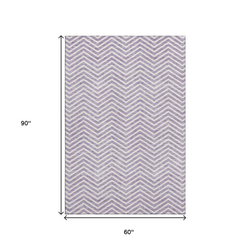 5' X 8' Lilac And Ivory Chevron Washable Area Rug With UV Protection