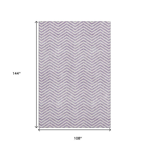 9' X 12' Lilac And Ivory Chevron Washable Area Rug With UV Protection