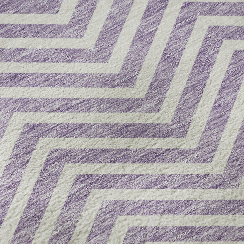 9' X 12' Lilac And Ivory Chevron Washable Area Rug With UV Protection