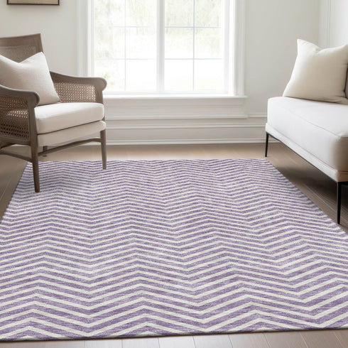9' X 12' Lilac And Ivory Chevron Washable Area Rug With UV Protection