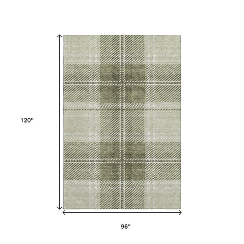 8' X 10' Artichoke Green And Ivory Plaid Washable Area Rug With UV Protection