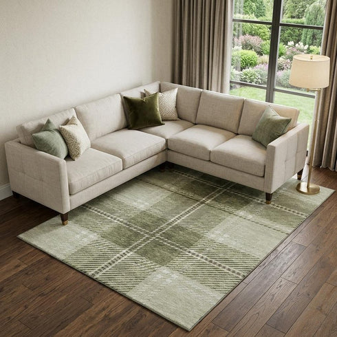 8' X 10' Artichoke Green And Ivory Plaid Washable Area Rug With UV Protection