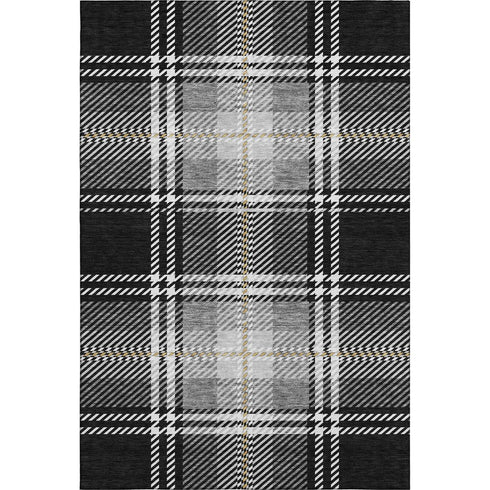 5' X 8' Black Ivory And Gold Plaid Washable Area Rug With UV Protection