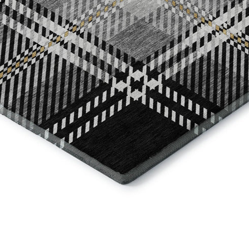 5' X 8' Black Ivory And Gold Plaid Washable Area Rug With UV Protection