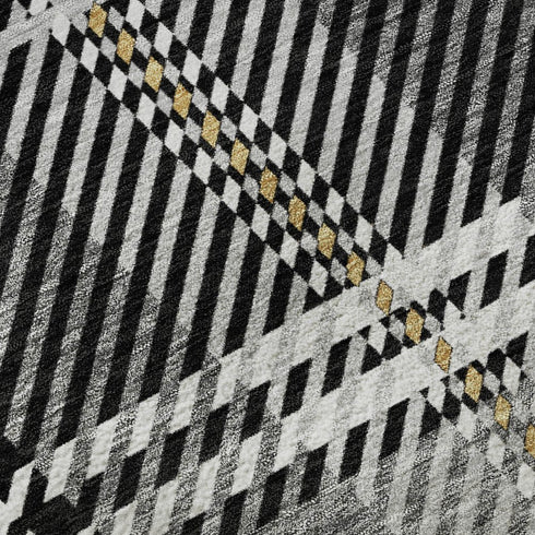 5' X 8' Black Ivory And Gold Plaid Washable Area Rug With UV Protection