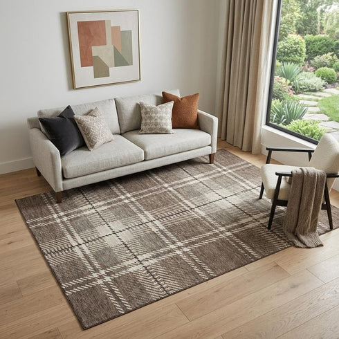 5' X 8' Brown Ivory And Taupe Plaid Washable Area Rug With UV Protection