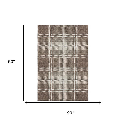 5' X 8' Brown Ivory And Taupe Plaid Washable Area Rug With UV Protection