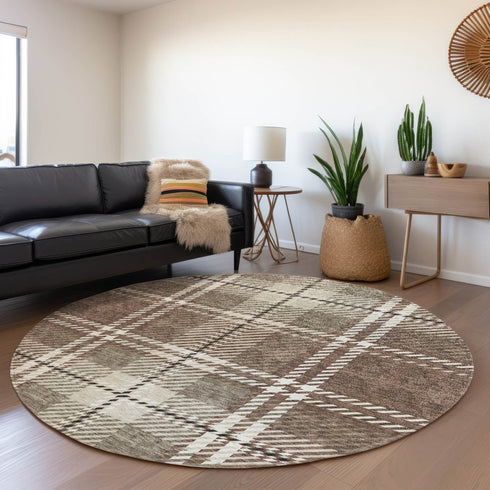 8' Brown Ivory And Taupe Plaid Washable Round Rug With UV Protection