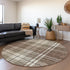 8' Brown Ivory And Taupe Plaid Washable Round Rug With UV Protection