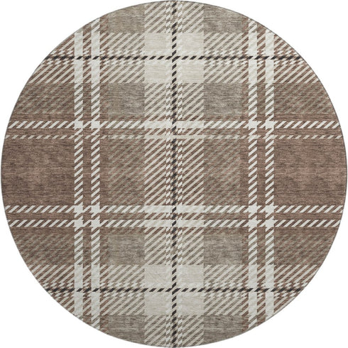 8' Brown Ivory And Taupe Plaid Washable Round Rug With UV Protection