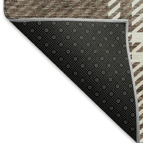 8' Brown Ivory And Taupe Plaid Washable Round Rug With UV Protection