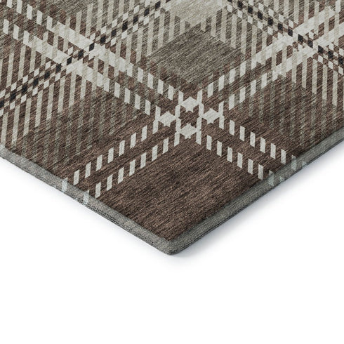 8' Brown Ivory And Taupe Plaid Washable Round Rug With UV Protection