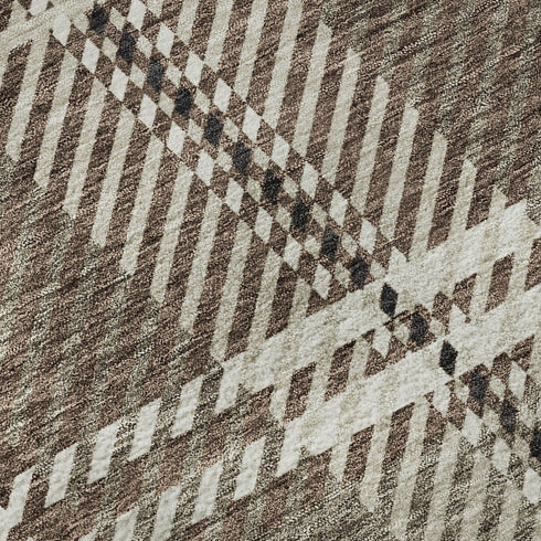 8' Brown Ivory And Taupe Plaid Washable Round Rug With UV Protection
