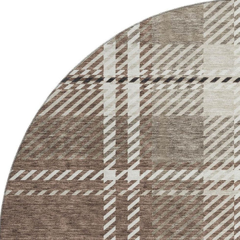 8' Brown Ivory And Taupe Plaid Washable Round Rug With UV Protection