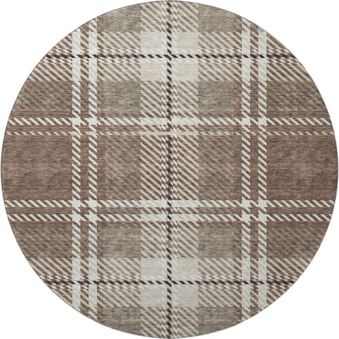 8' Brown Ivory And Taupe Plaid Washable Round Rug With UV Protection