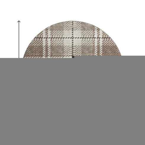 8' Brown Ivory And Taupe Plaid Washable Round Rug With UV Protection