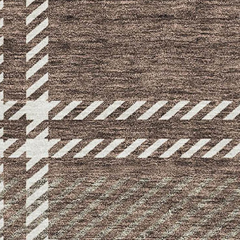 8' X 10' Brown Ivory And Taupe Plaid Washable Area Rug With UV Protection