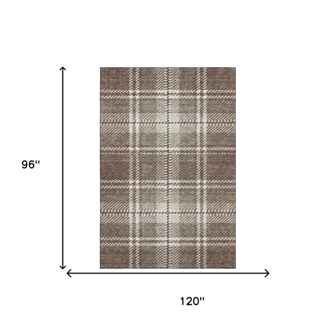8' X 10' Brown Ivory And Taupe Plaid Washable Area Rug With UV Protection