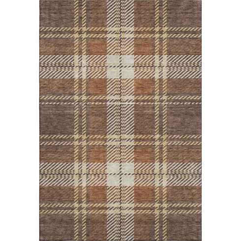 8' X 10' Chocolate Beige And Gold Plaid Washable Area Rug With UV Protection