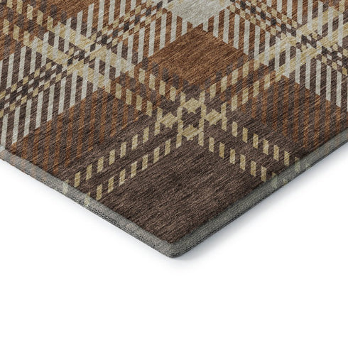 8' X 10' Chocolate Beige And Gold Plaid Washable Area Rug With UV Protection