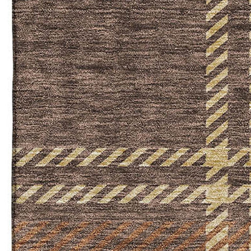 8' X 10' Chocolate Beige And Gold Plaid Washable Area Rug With UV Protection