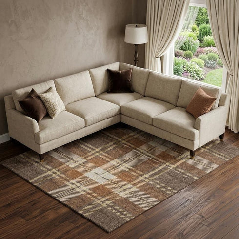 8' X 10' Chocolate Beige And Gold Plaid Washable Area Rug With UV Protection