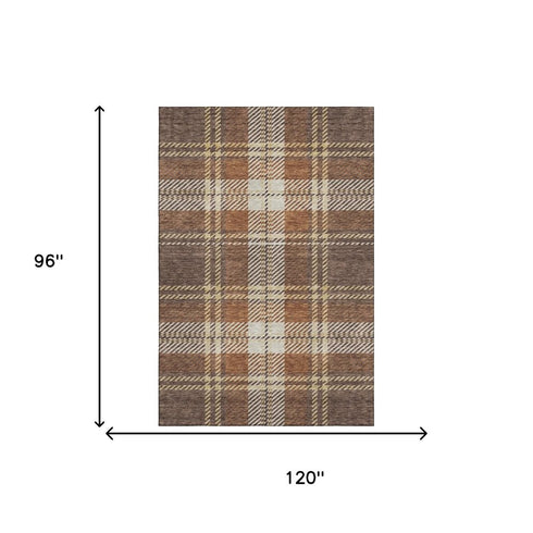 8' X 10' Chocolate Beige And Gold Plaid Washable Area Rug With UV Protection