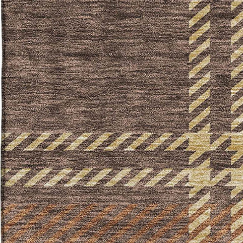 8' X 10' Chocolate Beige And Gold Plaid Washable Area Rug With UV Protection