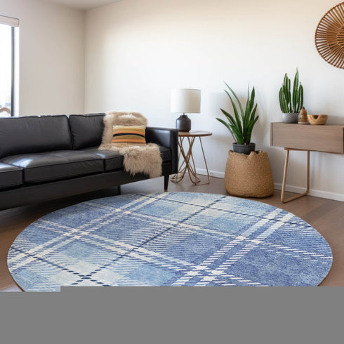8' Denim Blue And Ivory Plaid Washable Round Rug With UV Protection