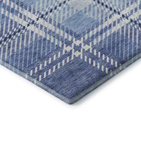 8' Denim Blue And Ivory Plaid Washable Round Rug With UV Protection