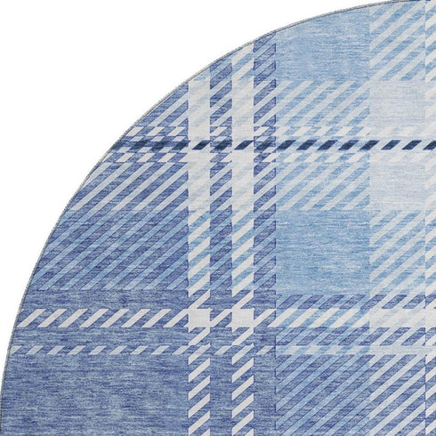 8' Denim Blue And Ivory Plaid Washable Round Rug With UV Protection