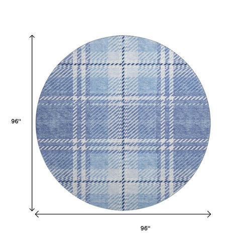 8' Denim Blue And Ivory Plaid Washable Round Rug With UV Protection