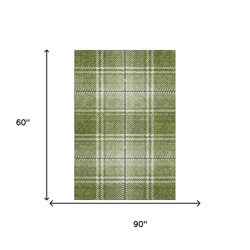 5' X 8' Green And Ivory Plaid Washable Area Rug With UV Protection