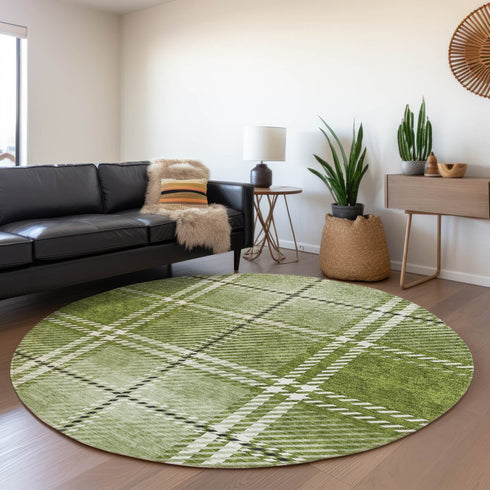 8' Green And Ivory Plaid Washable Round Rug With UV Protection