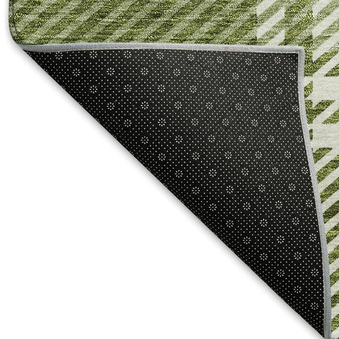 8' Green And Ivory Plaid Washable Round Rug With UV Protection