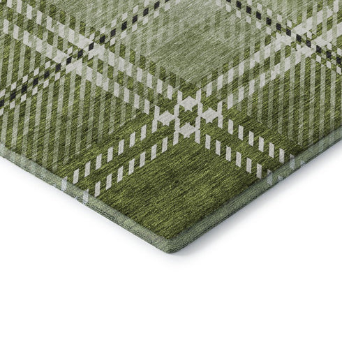 8' Green And Ivory Plaid Washable Round Rug With UV Protection