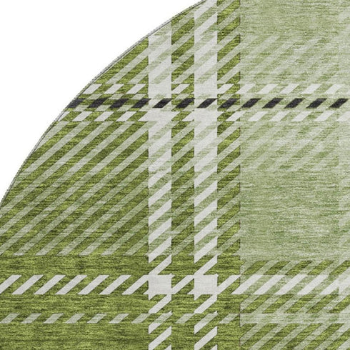 8' Green And Ivory Plaid Washable Round Rug With UV Protection