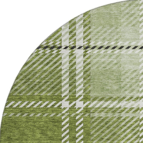 8' Green And Ivory Plaid Washable Round Rug With UV Protection