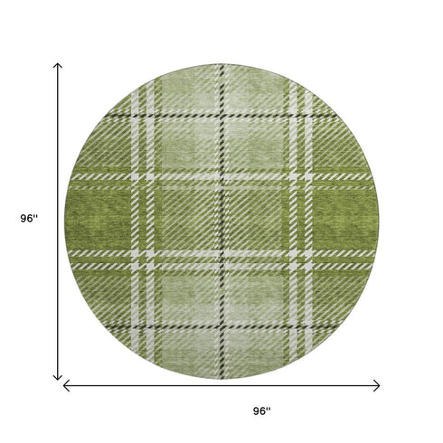 8' Green And Ivory Plaid Washable Round Rug With UV Protection