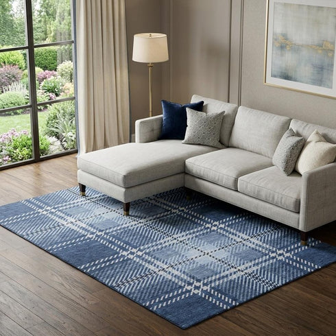 8' X 10' Navy Blue And Ivory Plaid Washable Area Rug With UV Protection