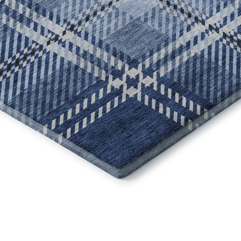 8' X 10' Navy Blue And Ivory Plaid Washable Area Rug With UV Protection