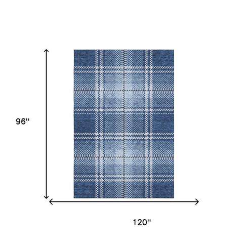 8' X 10' Navy Blue And Ivory Plaid Washable Area Rug With UV Protection
