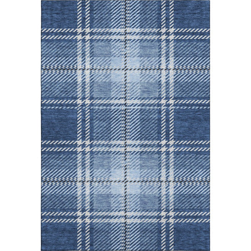 9' X 12' Navy Blue And Ivory Plaid Washable Area Rug With UV Protection
