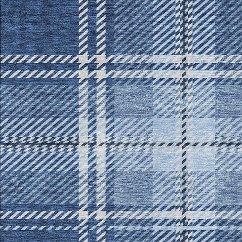 9' X 12' Navy Blue And Ivory Plaid Washable Area Rug With UV Protection
