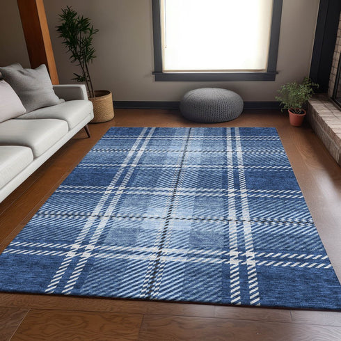 9' X 12' Navy Blue And Ivory Plaid Washable Area Rug With UV Protection