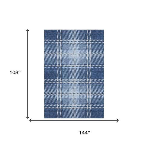 9' X 12' Navy Blue And Ivory Plaid Washable Area Rug With UV Protection