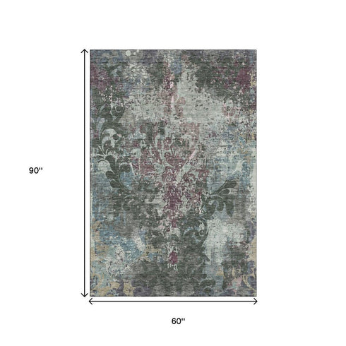 5' X 8' Fern Green Purple And Teal Damask Washable Area Rug With UV Protection