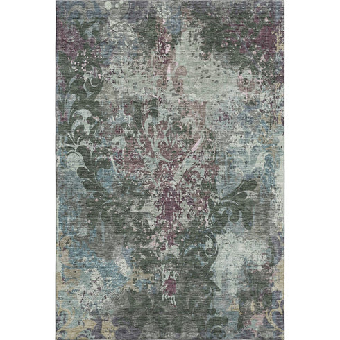 5' X 8' Fern Green Purple And Teal Damask Washable Area Rug With UV Protection
