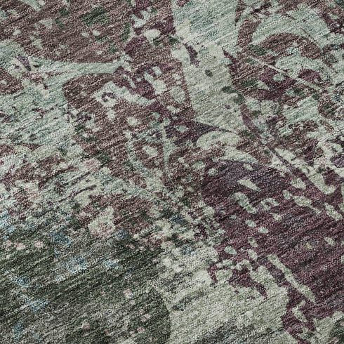 5' X 8' Fern Green Purple And Teal Damask Washable Area Rug With UV Protection