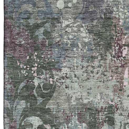 5' X 8' Fern Green Purple And Teal Damask Washable Area Rug With UV Protection